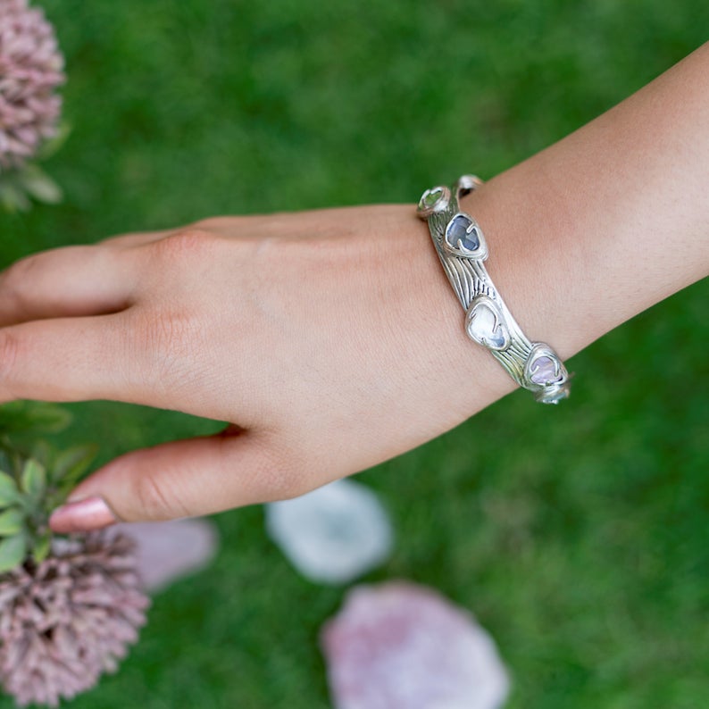 Kimana Lady Textured Multi Stone Sterling Silver Hand Cuff Bracelet