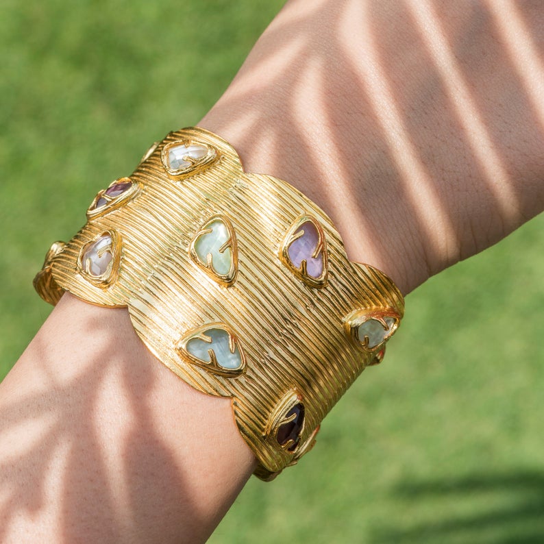 Kimana Lady Wide Textured Multi Stone  Hand Cuff Bracelet